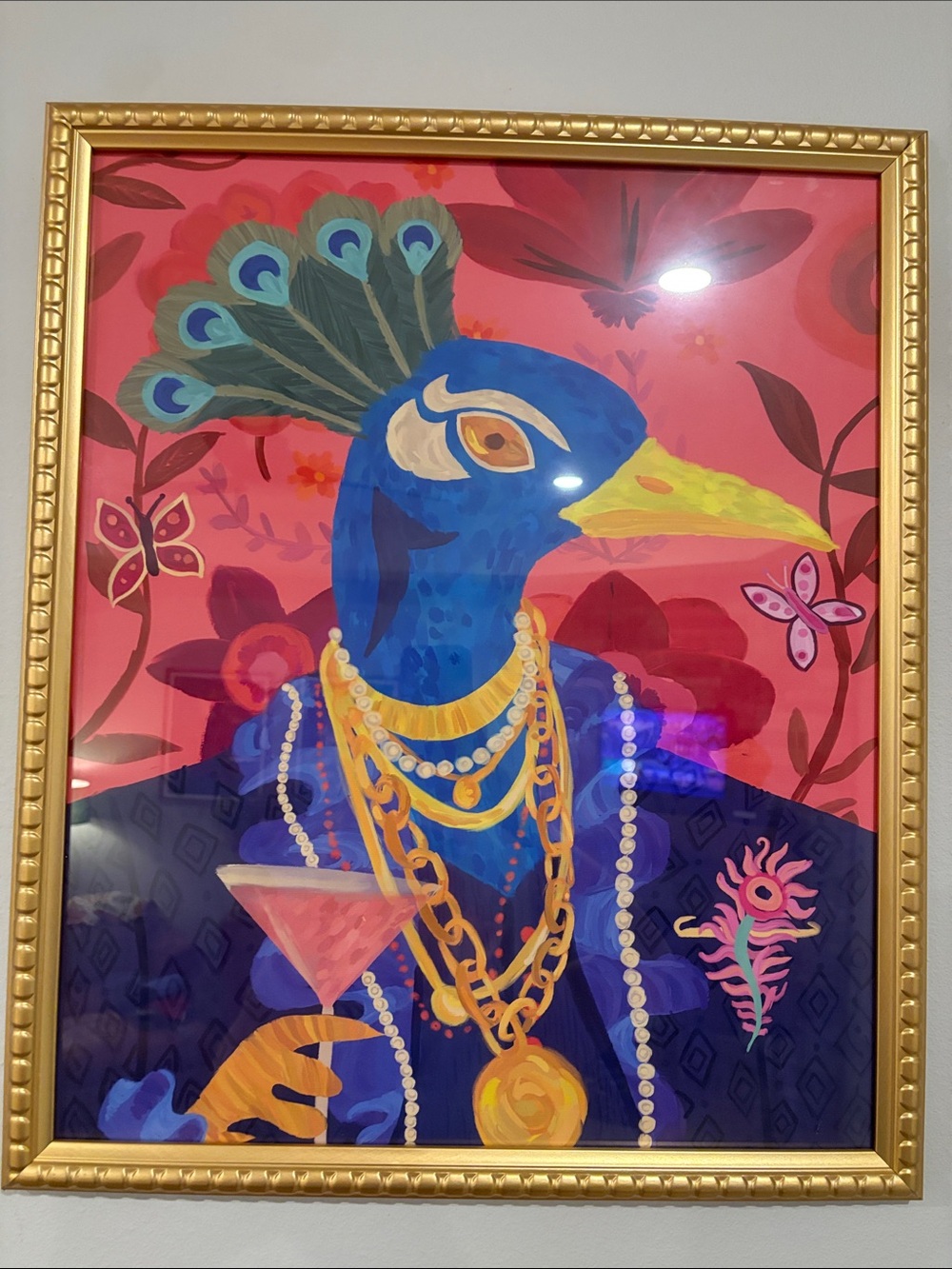 Blue Peacock Print Wall Art with Gold Accents - Decorative Home Art